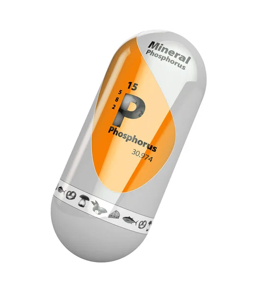 Mineral P fósforo laranja brilhante ícone cápsula pílula. Complexo vitamínico mineral com fórmula química. ilustração 3d — Fotografia de Stock