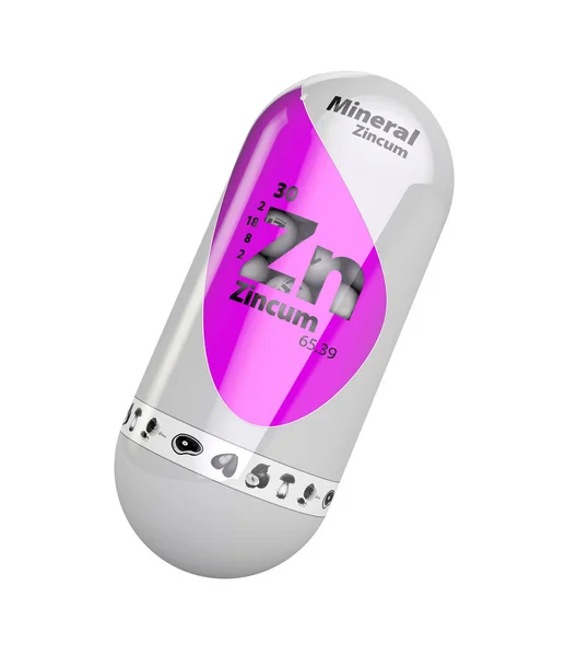 Mineral Zn zincum pink shining pill capsule icon. Минеральный витаминный комплекс с химической формулой. 3d иллюстрация — стоковое фото