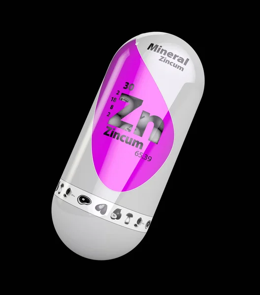 3D απεικόνιση του Zn μεταλλικό ροζ zincum λάμπει κάψουλα χάπι. απομονωμένη μαύρο — Φωτογραφία Αρχείου