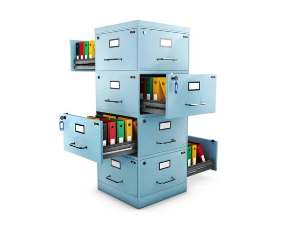 Ilustração 3d do armário de arquivamento com uma pasta em uma gavetas abertas abertas em todos os lados — Fotografia de Stock