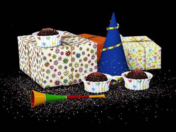 3D Illustration Geschenkschachteln mit Konfetti, auf schwarzem Hintergrund — Stockfoto