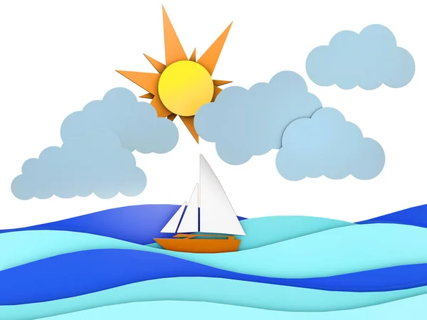 3d Illustrazione di mare, nave e nube con strati separati in grafica 2d — Foto Stock