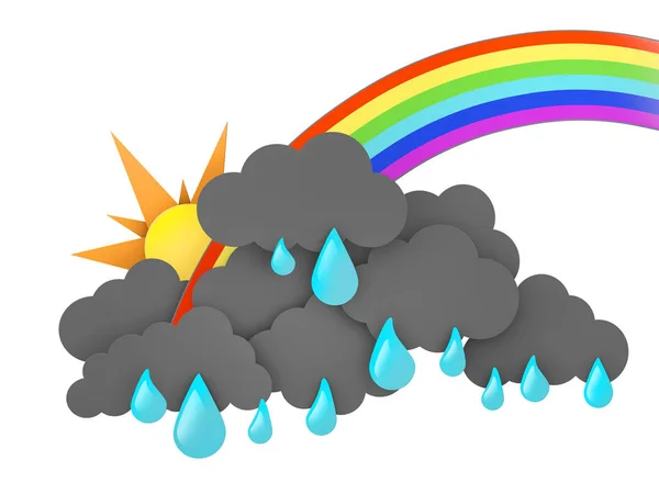 Arco iris, sol y nubes de lluvia con gotas sobre fondo blanco. ilustración 3d —  Fotos de Stock