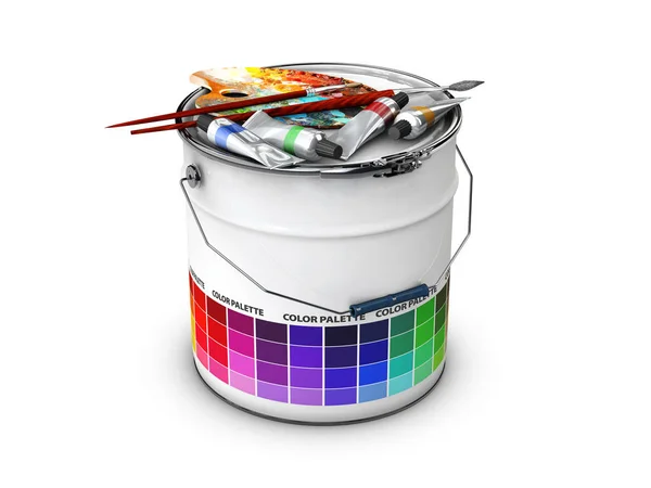 Abstrakter Eimer mit farbiger Palettenführung und Zeichenset, 3D-Illustration — Stockfoto