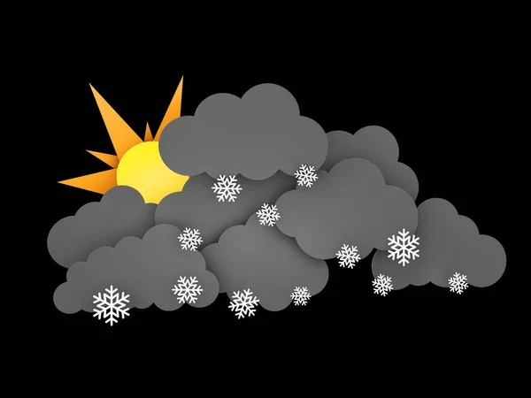 Illustration 3D des flocons de neige, des nuages de pluie et du soleil sur fond noir — Photo