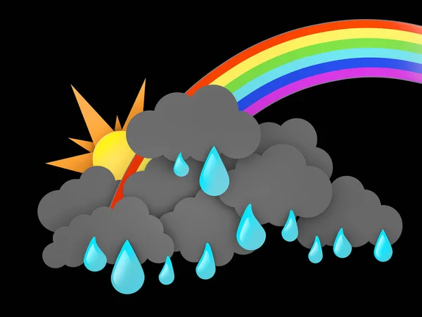 Ilustração 3d de arco-íris, nuvens de chuva e sol com gotas de água sobre fundo preto — Fotografia de Stock