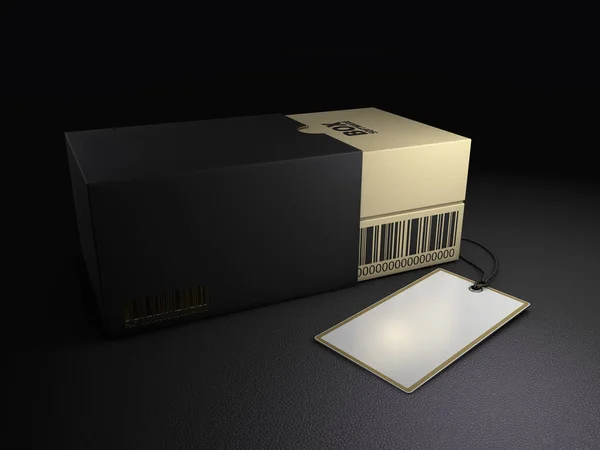 Uma caixa preta dourada aberta e Label Mockup, renderização 3d — Fotografia de Stock