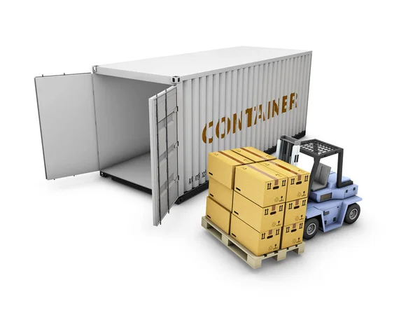 3d Illustration of open container with cardboard boxes and forklift — Stock Photo, Image