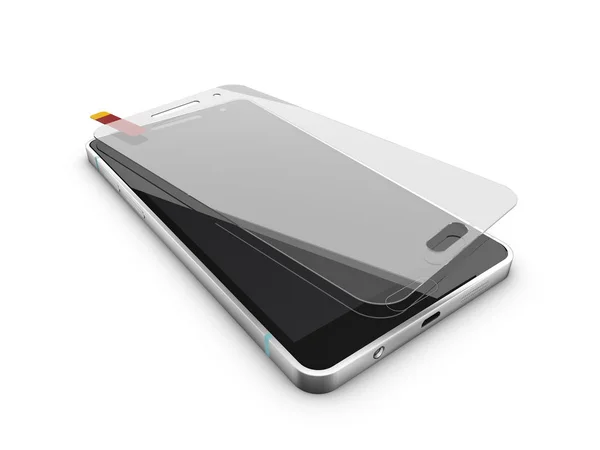 Cellulaire phoneprotection glas scherm, 3d illustratie op witte achtergrond — Stockfoto