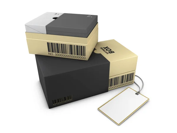 3D renderização de caixa preta de ouro aberto com etiqueta Mockup, conceito de pacote de software — Fotografia de Stock