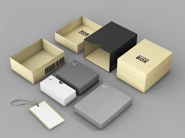 3 d レンダリング ラベル モックアップ、ソフトウェア ・ パッケージ ・ コンセプトのゴールデン ブラック ボックス — ストック写真