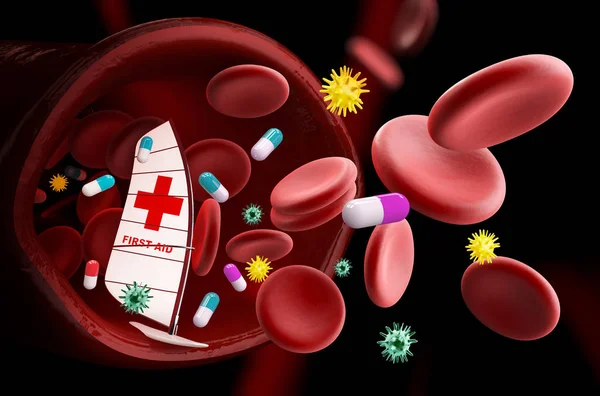 Медицинская лодка в вене с клетками крови. 3d иллюстрация — стоковое фото