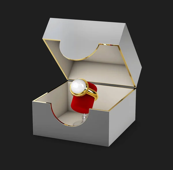 Szkatułka z elegancki złoty pierścionek, ilustracja 3d — Zdjęcie stockowe