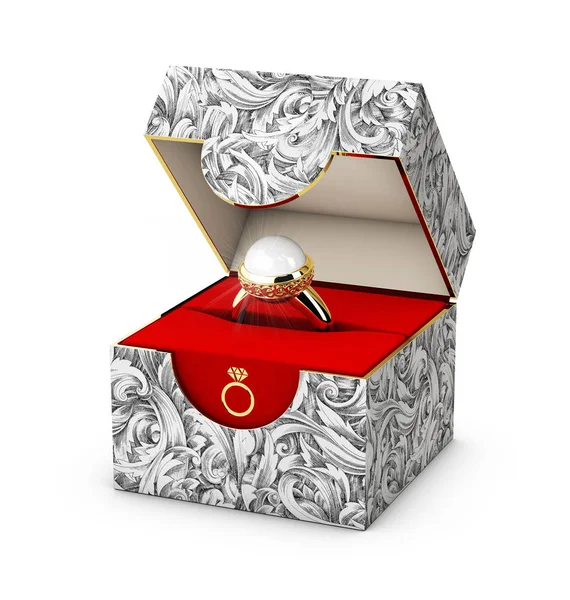 3d Иллюстрация крупным планом ювелирной коробки с элегантным золотым кольцом с жемчугом — стоковое фото