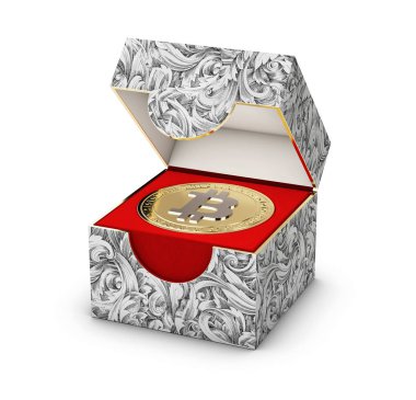 bir mücevher kutusu beyaz arka plan üzerinde izole altın bitcoin ile 3D yakın illüstrasyon