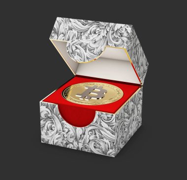 Bir mücevher kutusu ile altın bitcoin siyah arka plan üzerinde 3d illüstrasyon izole Close-Up
