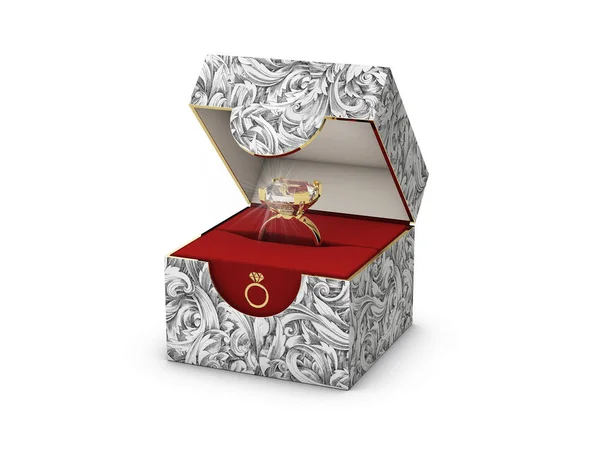 Крупный план ювелирной коробки с элегантным золотым кольцом с бриллиантом, 3d Illustration — стоковое фото