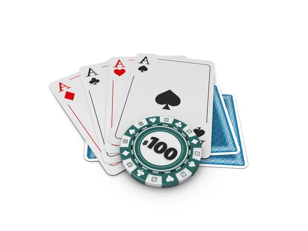 Σύνολο άσων στολές τραπουλόχαρτα και τσιπ. Κερδίζοντας χέρι πόκερ. 3D απεικόνιση — Φωτογραφία Αρχείου