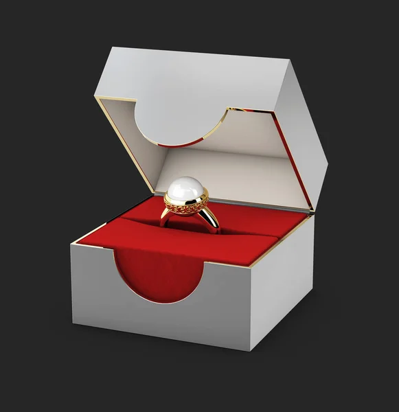 Primo piano di un portagioie rosso e grigio con elegante anello in oro, Illustrazione 3d — Foto Stock