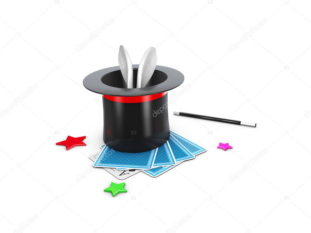 The Magic Hat With Shine, rabbit and stars. 3d Illustration