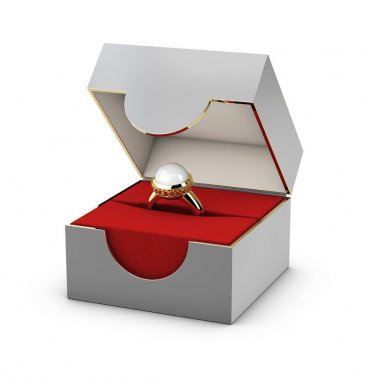 Kırmızı ve gri mücevher kutusu zarif altın yüzük ile 3D yakın illüstrasyon