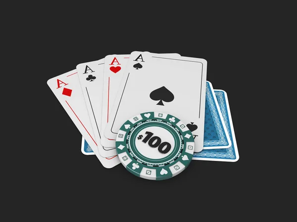 3d Illustration of Set of aces playing cards suits and chip. Winning poker hand. isolated black — Stock Photo, Image