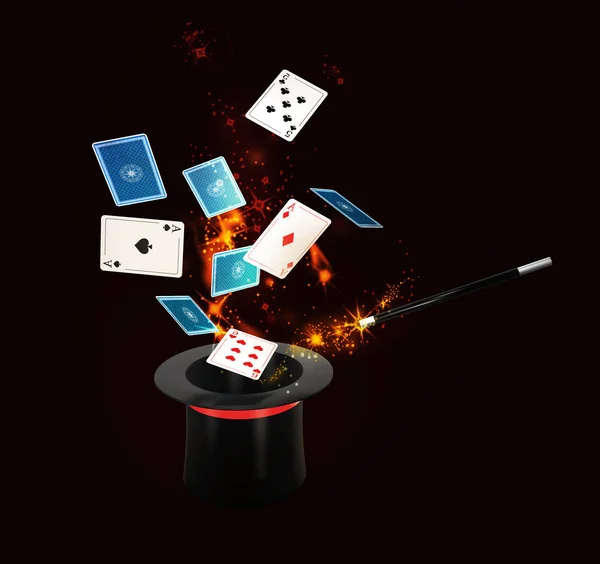 Bakgrunden Magic hatt med glans och flygande spela kort. isolerad svart, 3d Illustration — Stockfoto