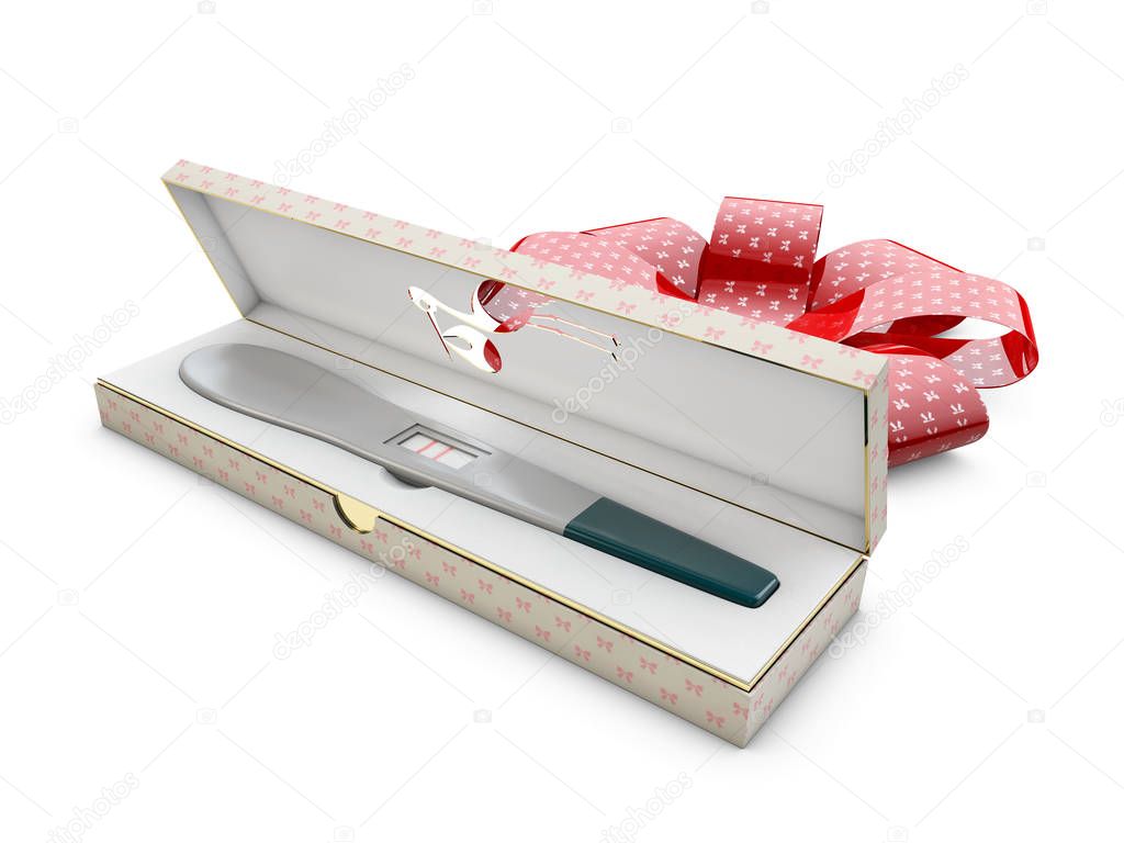 3d Illustration of Pregnancy test in the gift box, health care concept