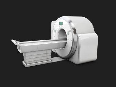Manyetik rezonans görüntüleme makinesi siyah arka plan üzerine izole. Tıbbi MRI tarayıcı, 3d çizim