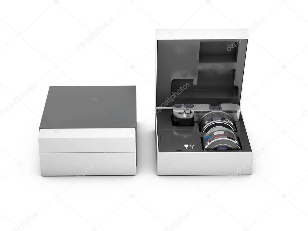 3D Illustraton of Digital photo camera in the box. isolated on white background