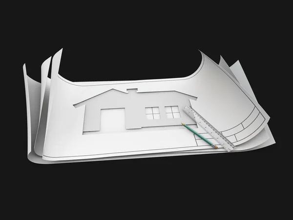 建築家建築プロジェクトと分離された黒の図面の平面図 3 d イラストレーション — ストック写真
