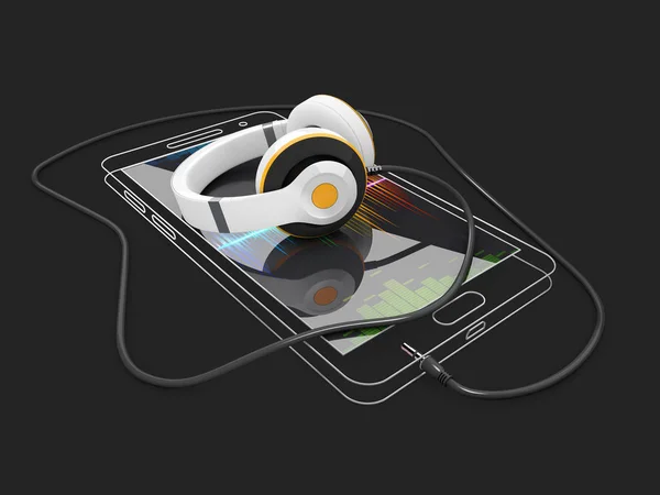 3d Illustration of Phone outline template with headphone. Clean mockup linear mobile phone — Stock Photo, Image