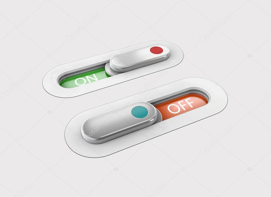 Realistic toggle switch. Gray switches with backlight, on and off position. 3d illustration.