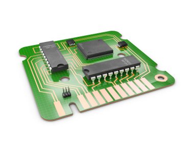 3D çizim bilgisayar çipi ve transistör. Bilgisayar çipi ile bir ağ devre tasarımı.