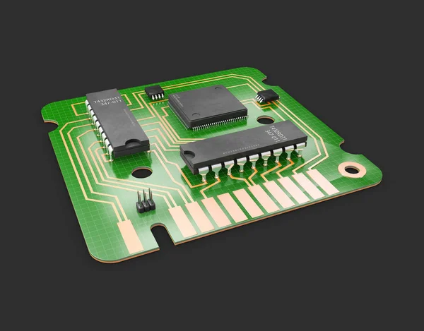 3D-Illustration von Computerchip und Transistor. Entwurf eines Computerchips mit Netzwerkschaltung. — Stockfoto
