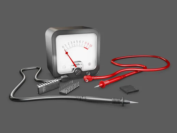 3D illustration av elektriker multimetern testare och chips, isolerade på grå — Stockfoto