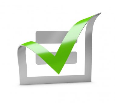 3D resimde yeşil onay işareti simgesini ve beyaz arka plan üzerinde onaylı tasarım kavramı ve web grafik simgesi.