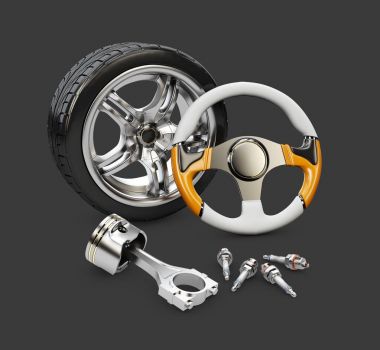 Araba direksiyon simidi, piston ve tekerlek, 3D illüstrasyon izole siyah