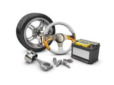 Araba direksiyon simidi, piston, pil ve tekerlek, 3D illüstrasyon izole beyaz