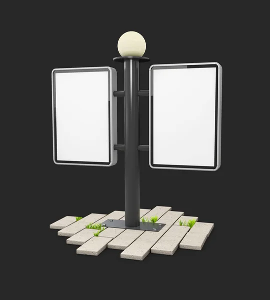 A blank outdoor light box on the cobblestone, isolated on black, 3d Illustration. — Stock Photo, Image