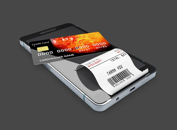 Concepto de compras online. Smartphone con tarjeta de crédito. Ilustración 3d, negro aislado — Foto de Stock