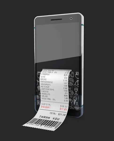 Smartphone mit Kaufbeleg, isoliert schwarz. 3D-Illustration. — Stockfoto