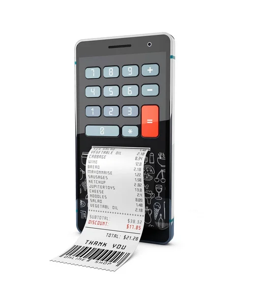 Ilustración 3d de Smartphone con calculadora de compras —  Fotos de Stock