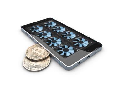 Araştırma 3D Illustration. bitcoin çiftlik. çalışma telefon donanımları.