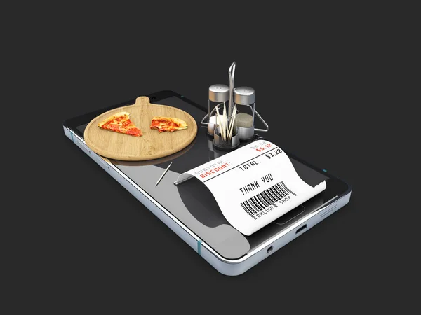 Ilustração 3d do conceito de encomenda e entrega de pizza móvel. Preto isolado — Fotografia de Stock