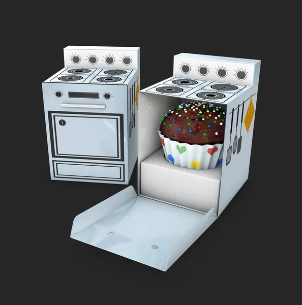 3D-afbeelding van twee openen en sluiten van kartonnen fornuis met Cake binnen, geïsoleerd op zwarte achtergrond. — Stockfoto