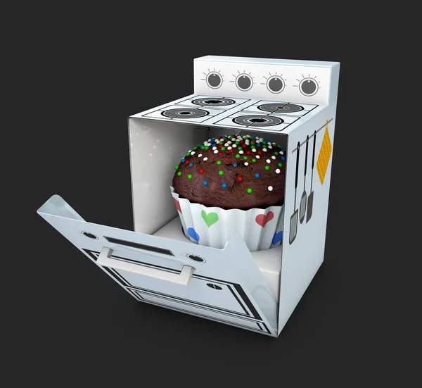 3D illustratie van kartonnen fornuis met Cake binnen, geïsoleerd op zwarte achtergrond. — Stockfoto