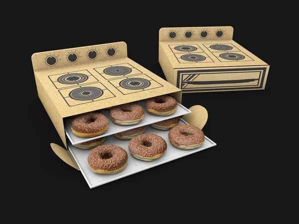 3D απεικόνιση των δύο ανοίγουν και κλείνουν χαρτόνι κουζίνα με κέικ μέσα, απομονώνονται σε μαύρο φόντο — Φωτογραφία Αρχείου