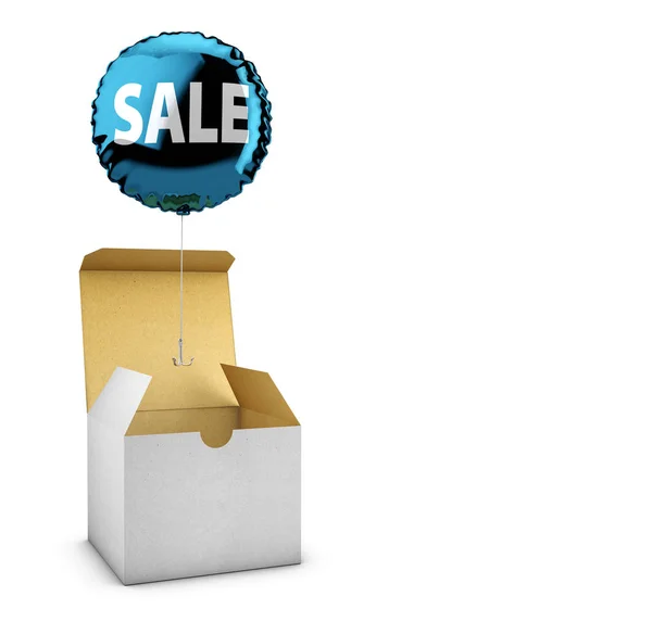 Open box and Flying balloon with hook, concept of SALE for shops. 3d illustration — Stock Photo, Image