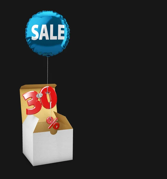 3D illustration av rutan Öppna och flygande ballong med trettio procent tecken, begreppet försäljning för butiker. isolerad svart — Stockfoto